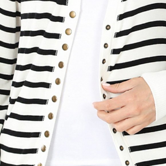 PLUS STRIPED SNAP BUTTON CARDIGAN SWEATER RIB DETAILS ON NECKLINE, HEM & SLEEVE - Picture 2 of 3